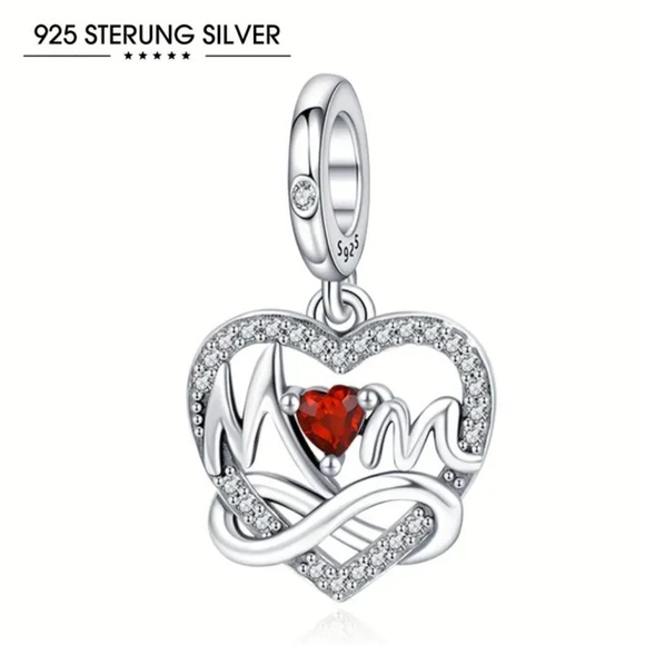 Pandora 925 Silver Heart Infinity “Mom” Charm Pendant with Red Gemstone - Picture 1 of 8